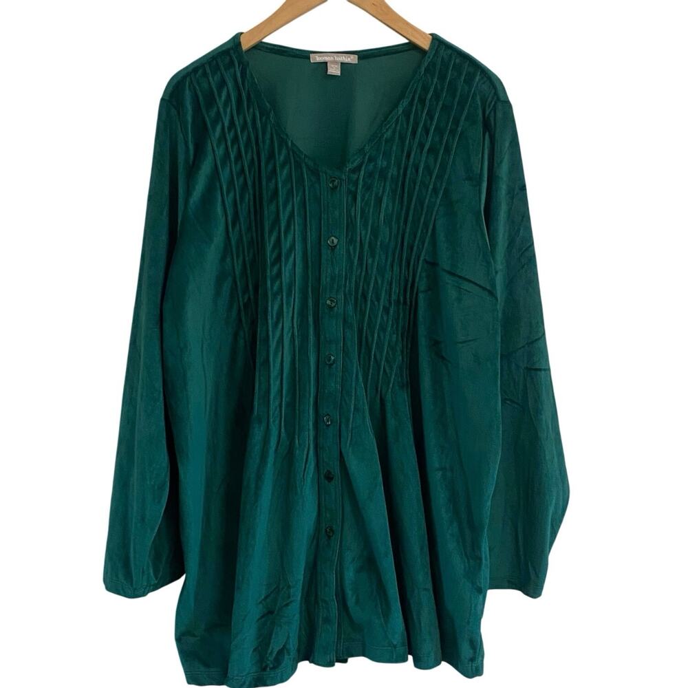Woman Within Green Velvet Pleated Tunic Top  Plus Size 1X Holiday Christmas